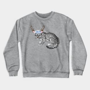 Funny Snow Leopard with Reindeer Antlers and Blue Flowers Crewneck Sweatshirt